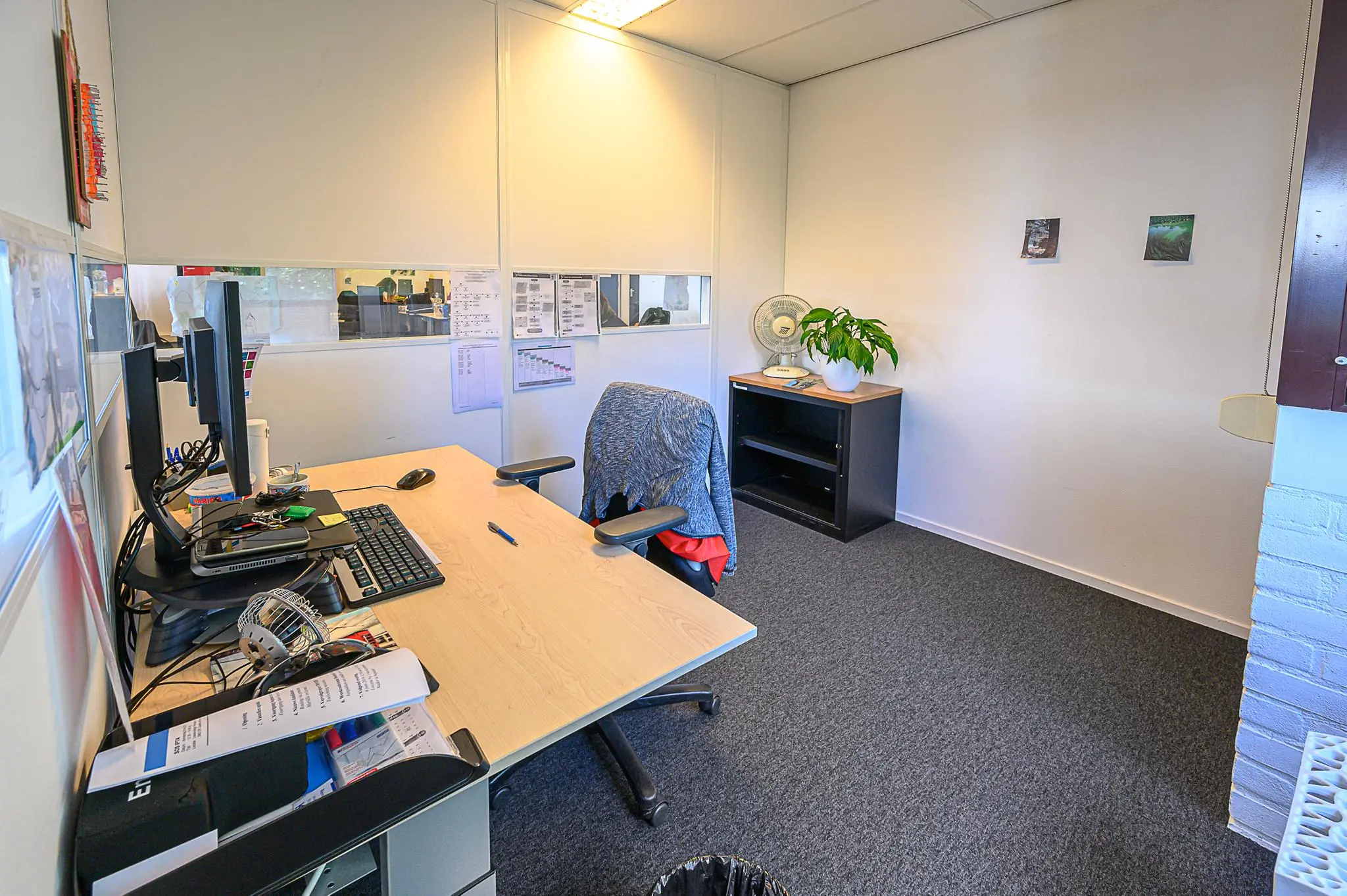 Klein en netjes ingericht kantoor met bureau, dubbele monitoren, bureaustoel, planten en wanddecoraties.